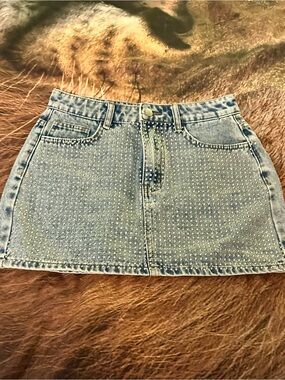Denim Mini Skirt with rhinestone Stud Detail - Blue